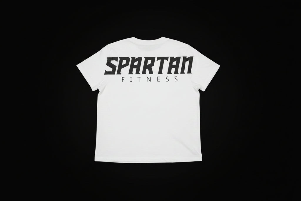 A white short-sleeve t-shirt with 'SPARTAN FITNESS' across the back