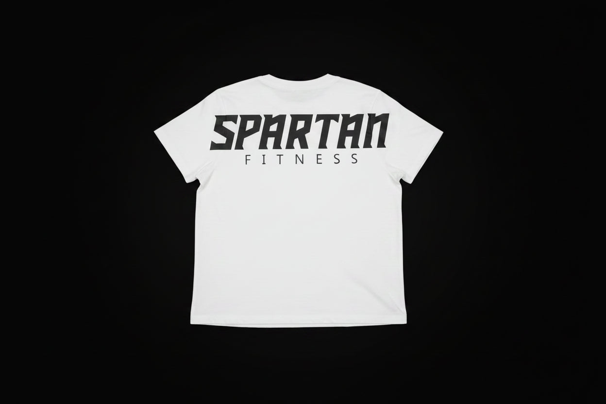 A white short-sleeve t-shirt with 'SPARTAN FITNESS' across the back