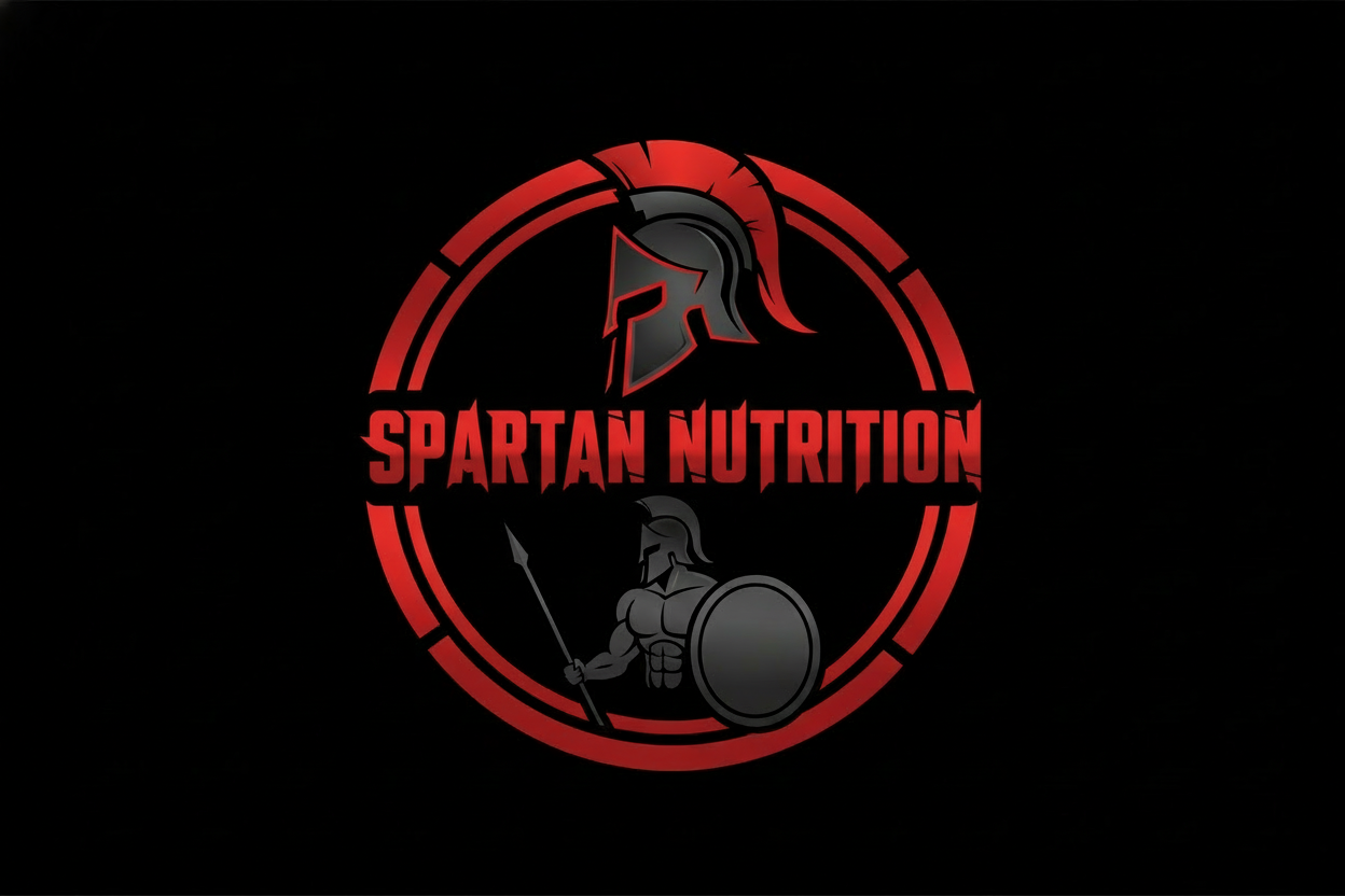generate me a black image with red letters that say spartan nutrition with a spartan 